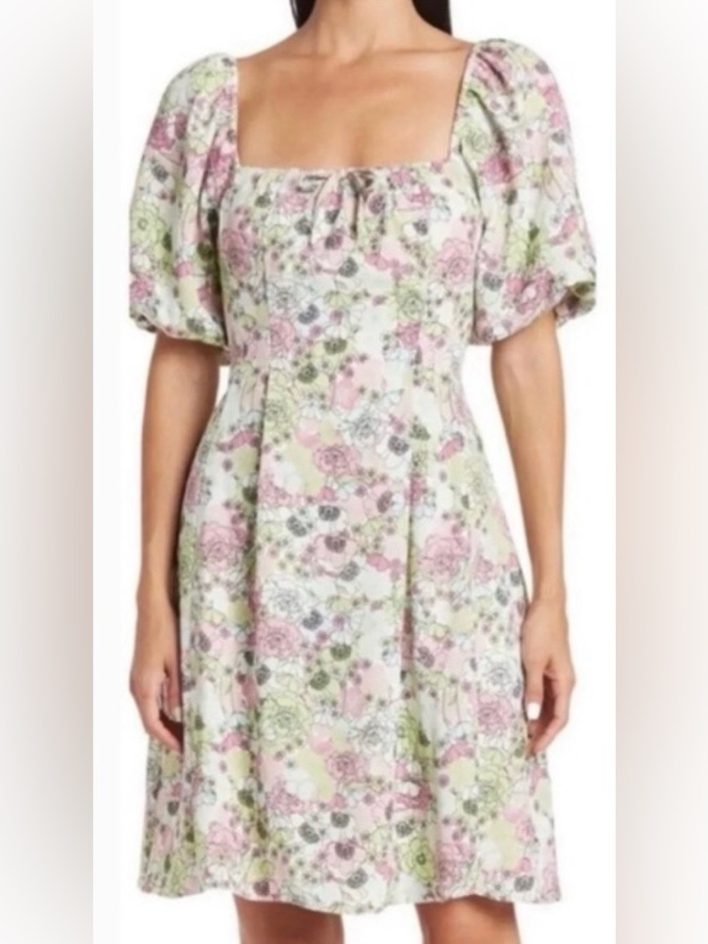 BCBGeneration Pink and Green Floral Puff Sleeve Dress